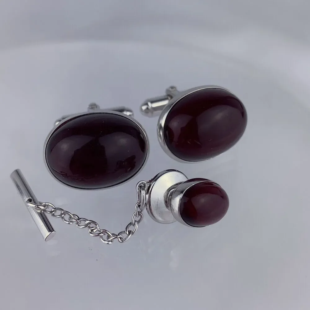 Red Cabochon Silver Tone Cufflinks Tie Pin Acrylic Oval Anson Vintage
